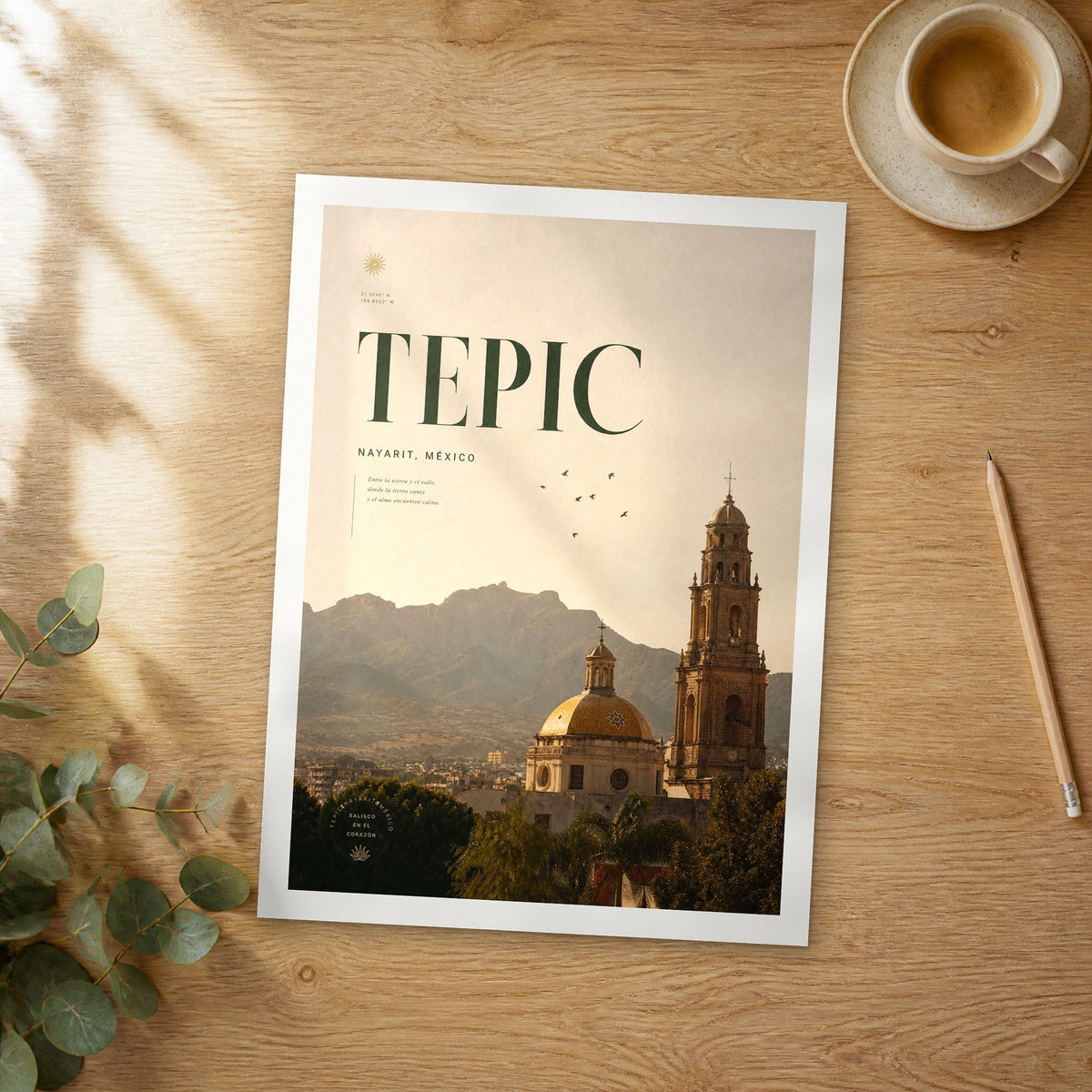 Unframed Tepic bold typography travel poster on a wooden table