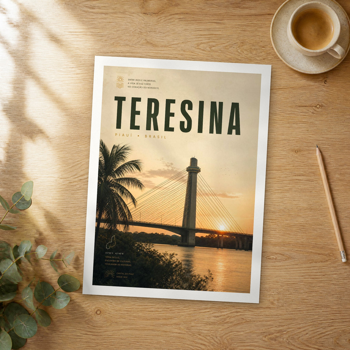 Unframed Teresina bold typography travel poster on a wooden table
