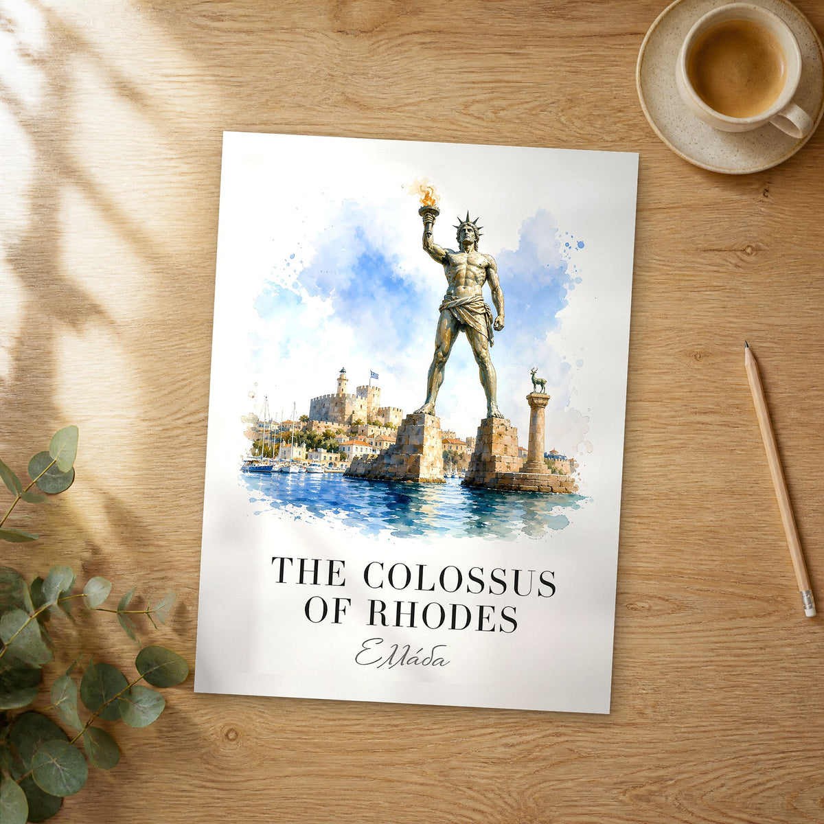 Unframed The Colossus of Rhodes watercolor travel poster on a wooden table