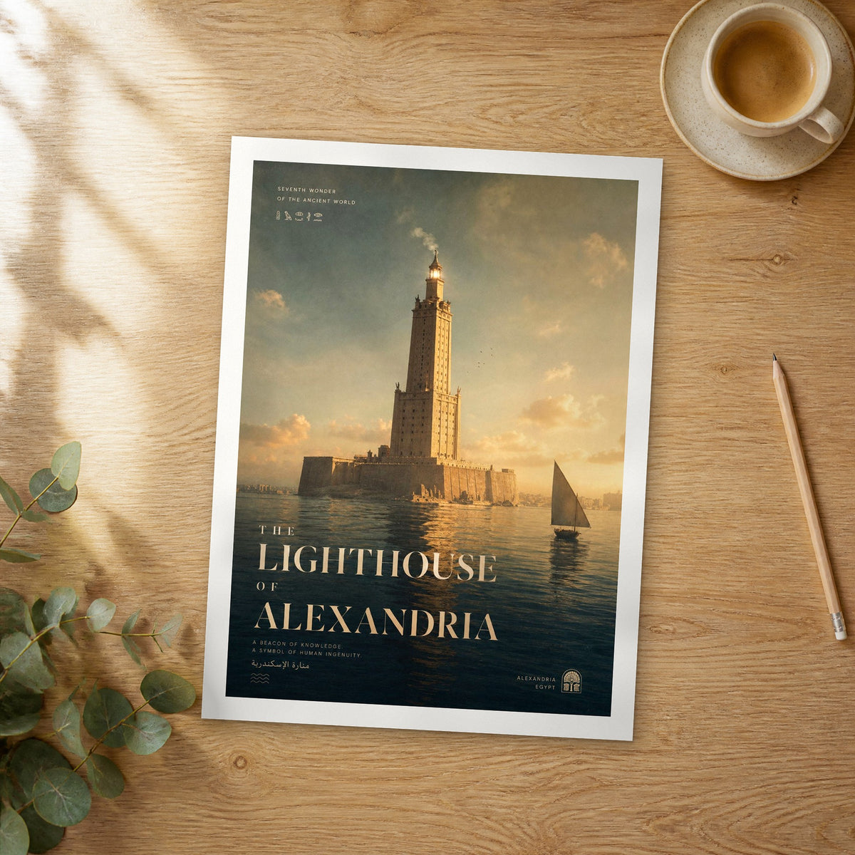 Unframed The Lighthouse of Alexandria bold typography travel poster on a wooden table