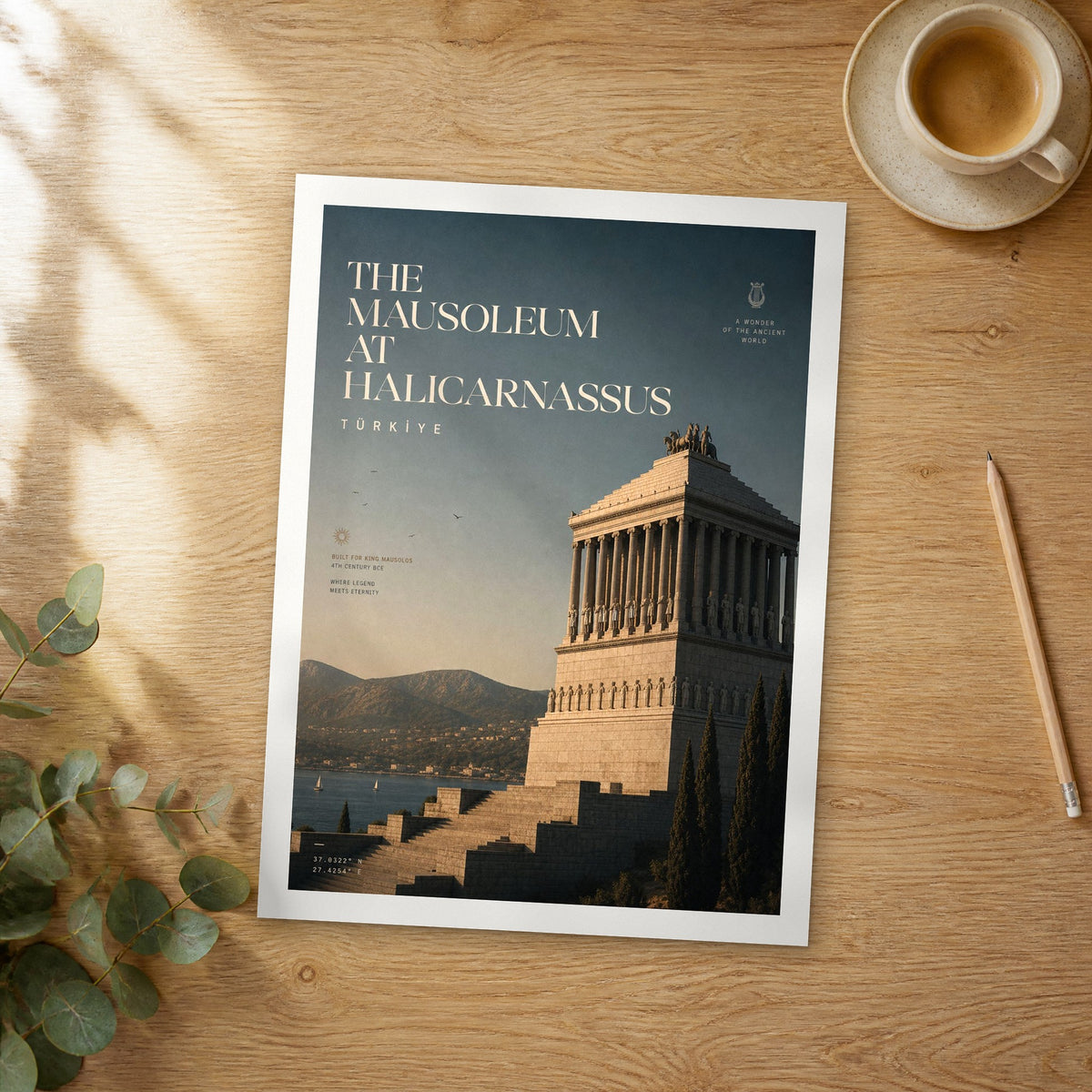 Unframed The Mausoleum at Halicarnassus bold typography travel poster on a wooden table