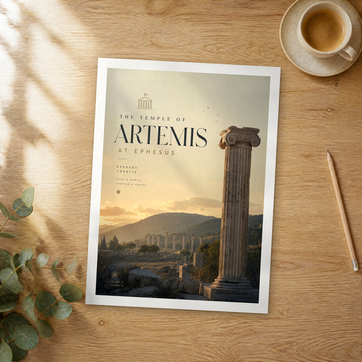 Unframed The Temple of Artemis at Ephesus bold typography travel poster on a wooden table