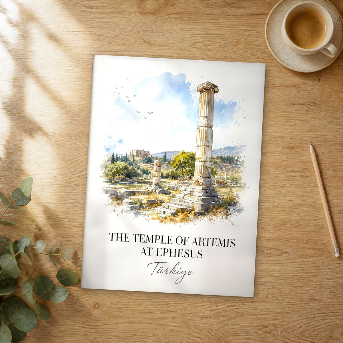 Unframed The Temple of Artemis at Ephesus watercolor travel poster on a wooden table