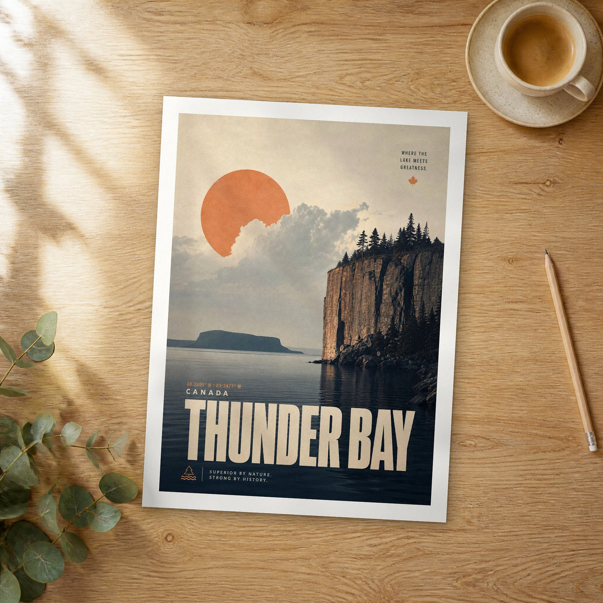 Unframed Thunder Bay bold typography travel poster on a wooden table