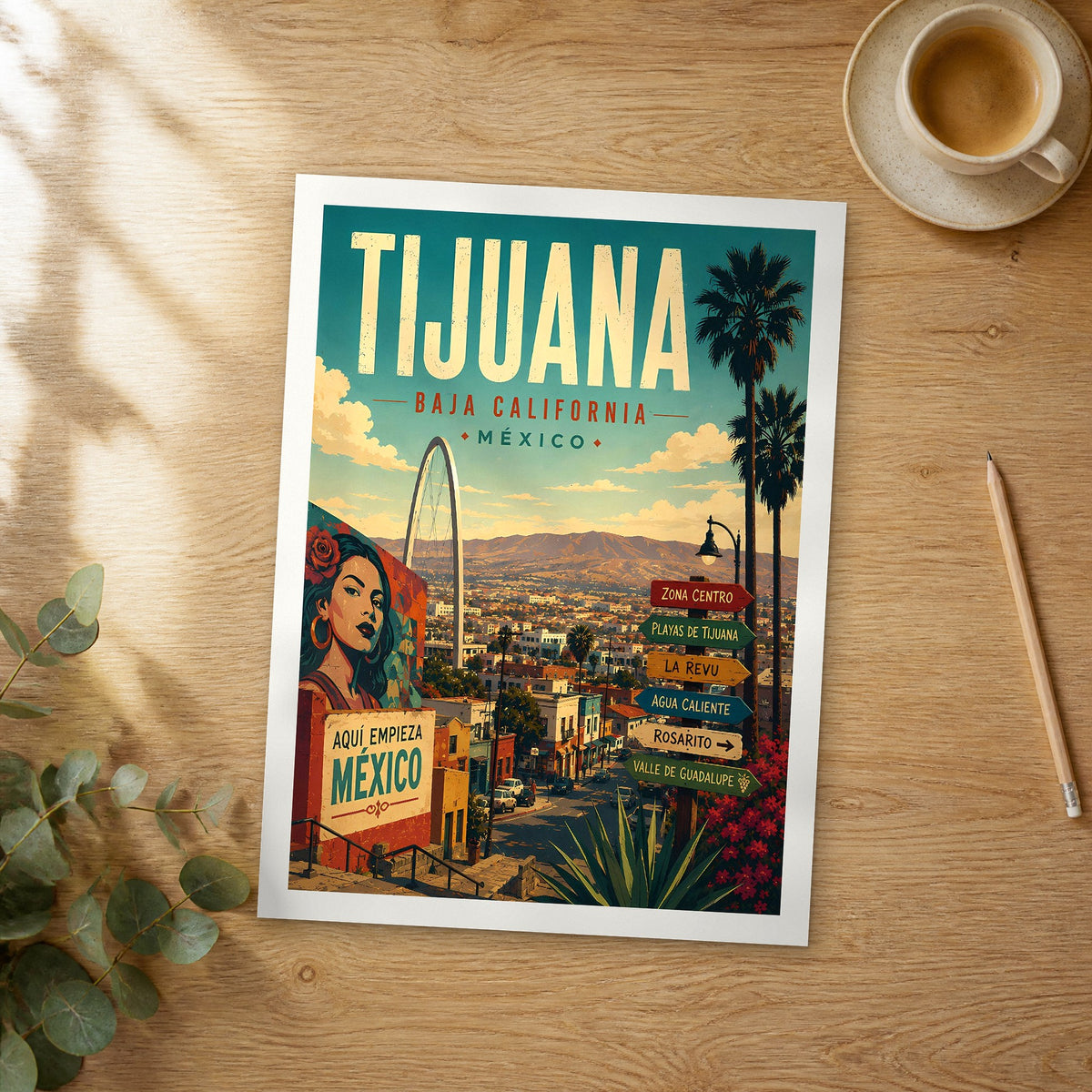 Unframed Tijuana retro travel poster on a wooden table