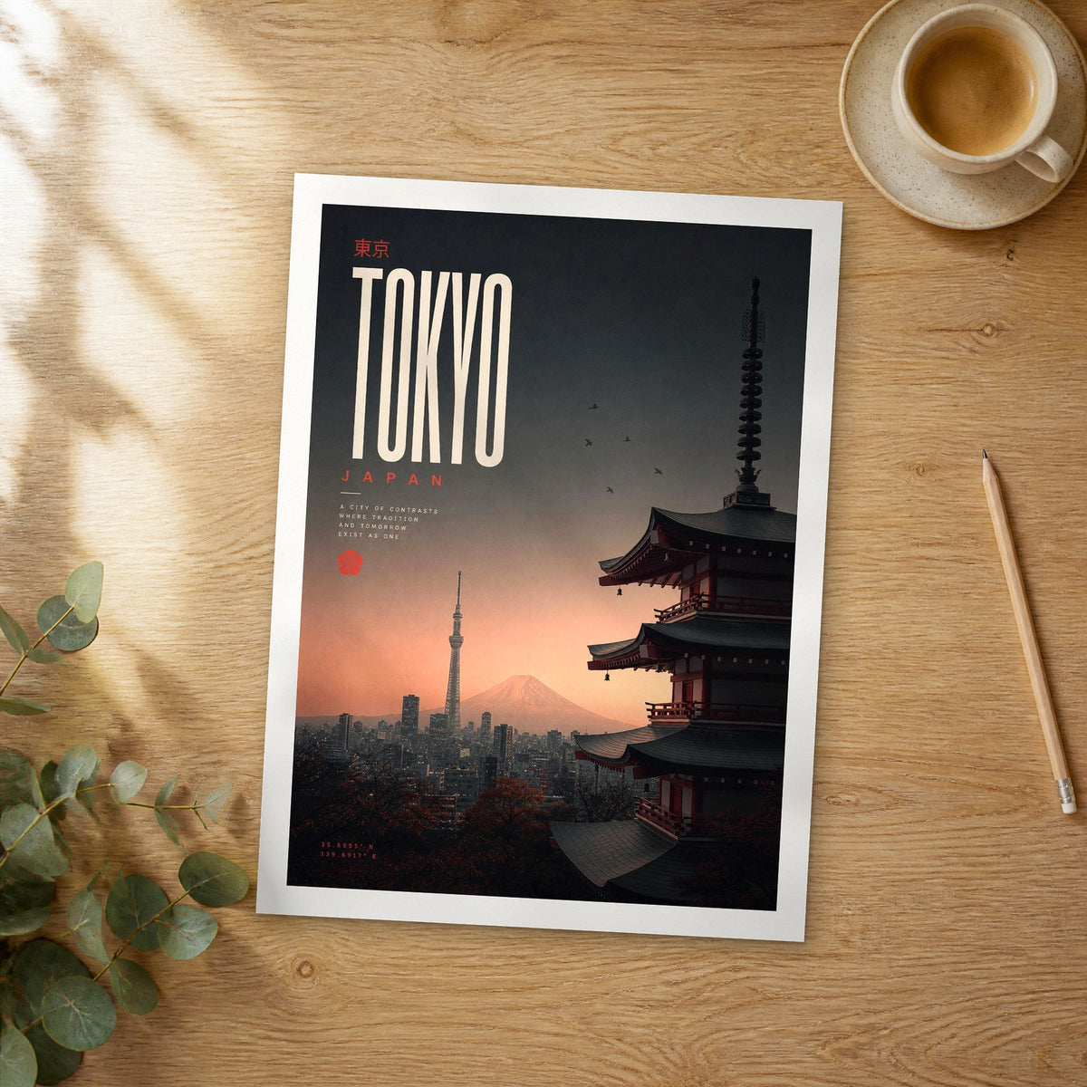 Unframed Tokyo bold typography travel poster on a wooden table