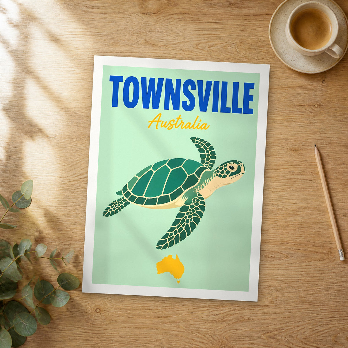 Unframed Townsville pop art travel poster on a wooden table