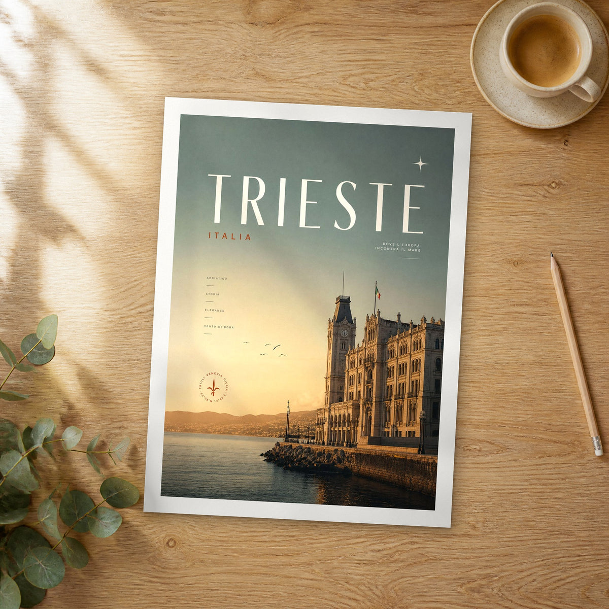 Unframed Trieste bold typography travel poster on a wooden table
