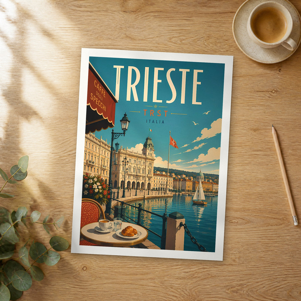 Unframed Trieste retro travel poster on a wooden table