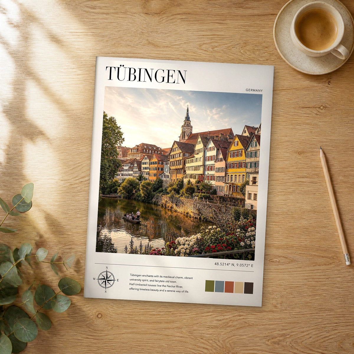 Unframed Tübingen modern photography travel poster on a wooden table