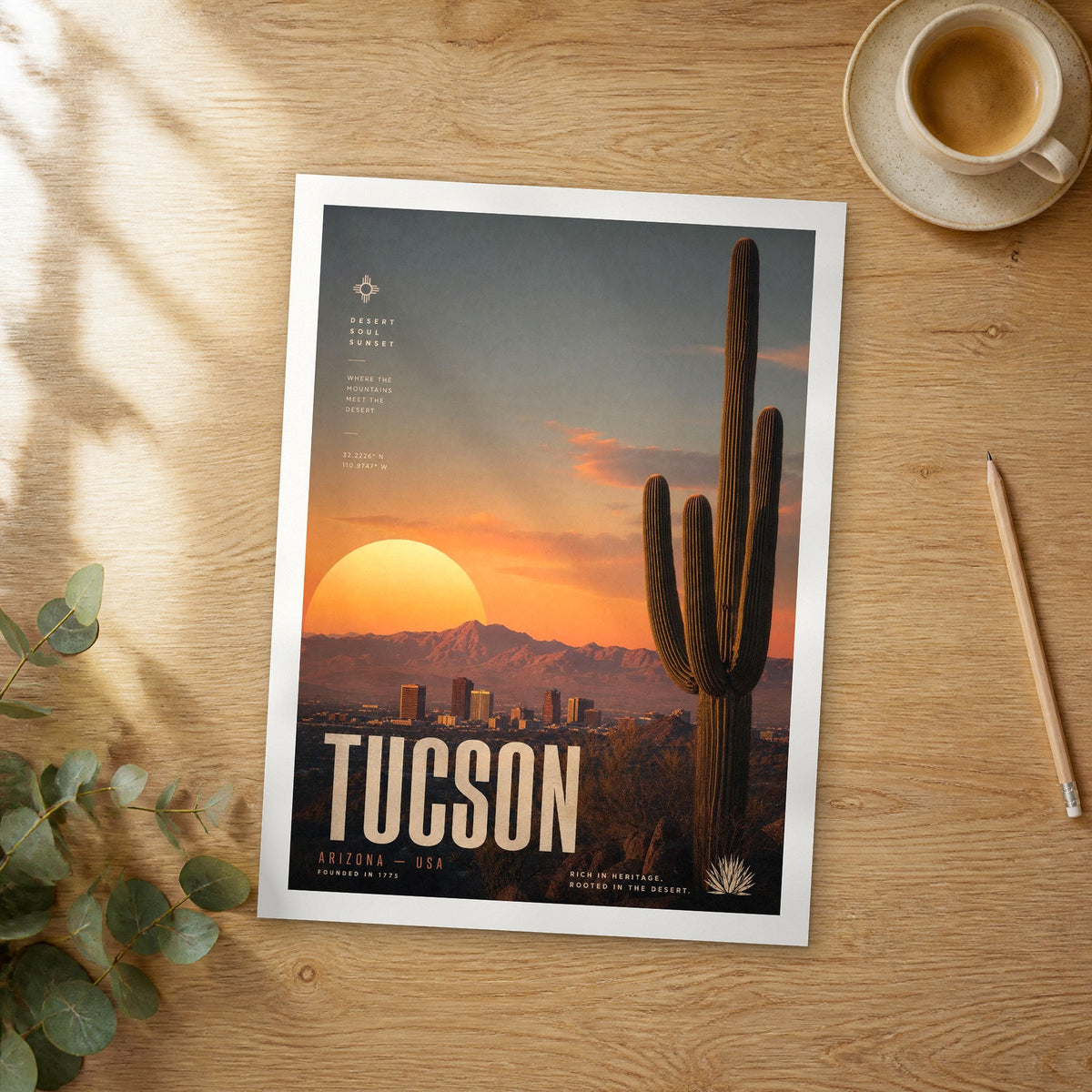Unframed Tucson bold typography travel poster on a wooden table