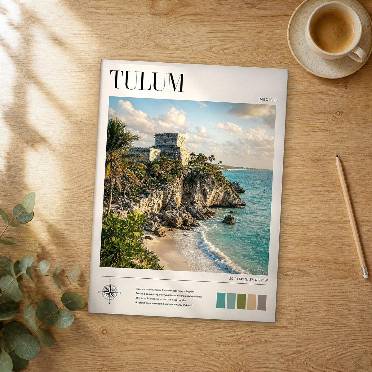 Unframed Tulum modern photography travel poster on a wooden table
