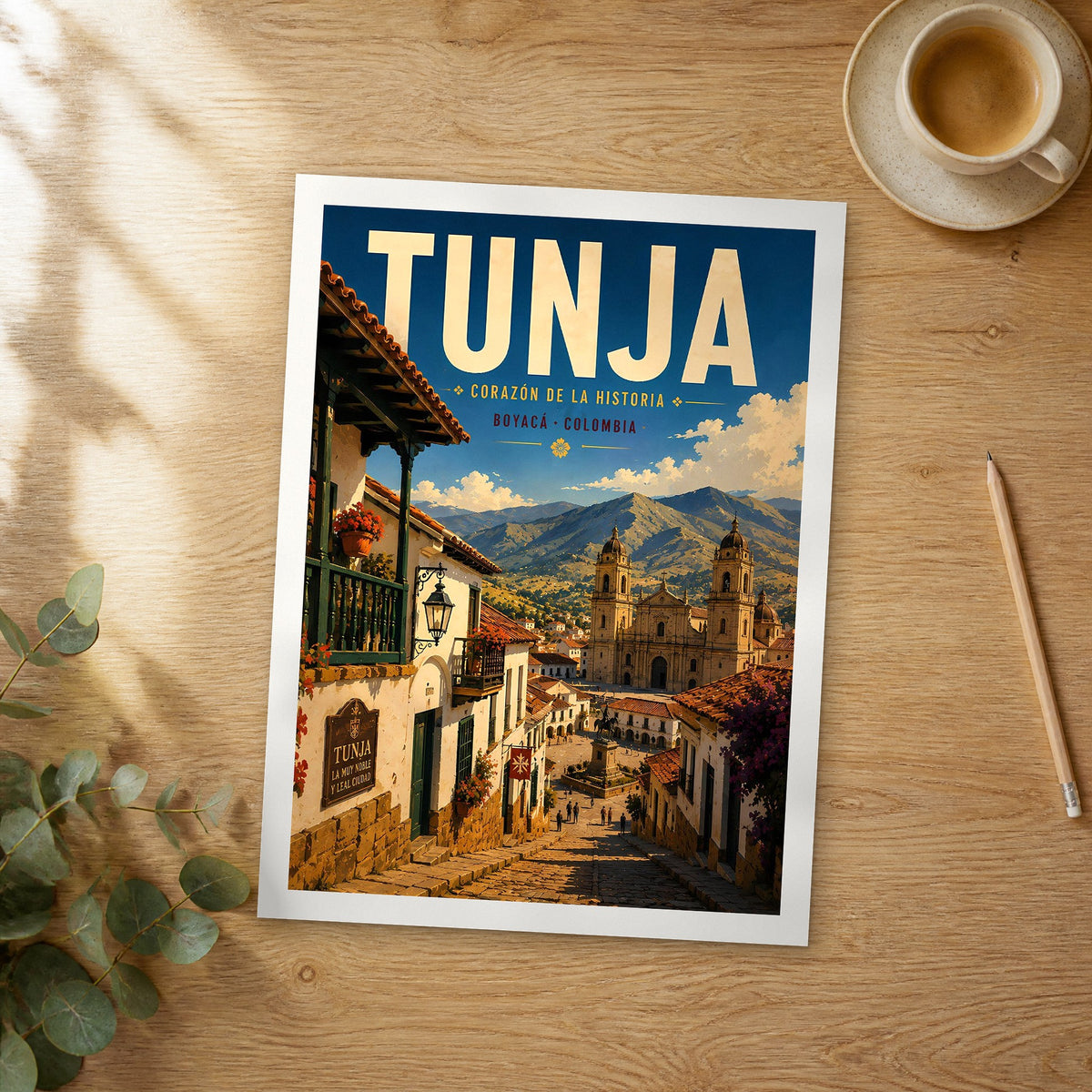 Unframed Tunja retro travel poster on a wooden table