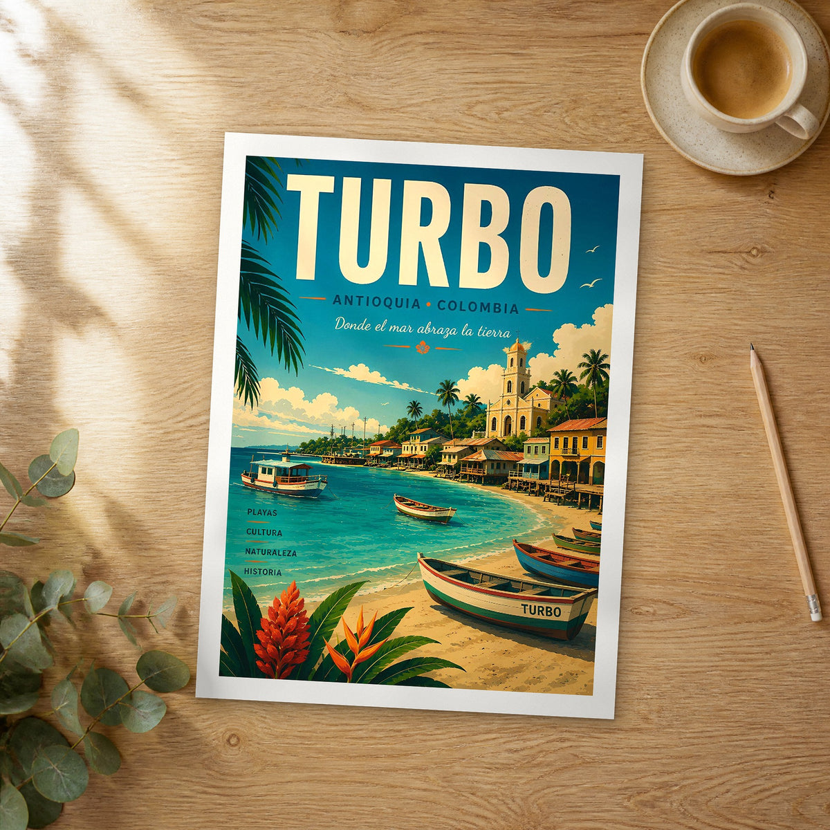 Unframed Turbo retro travel poster on a wooden table