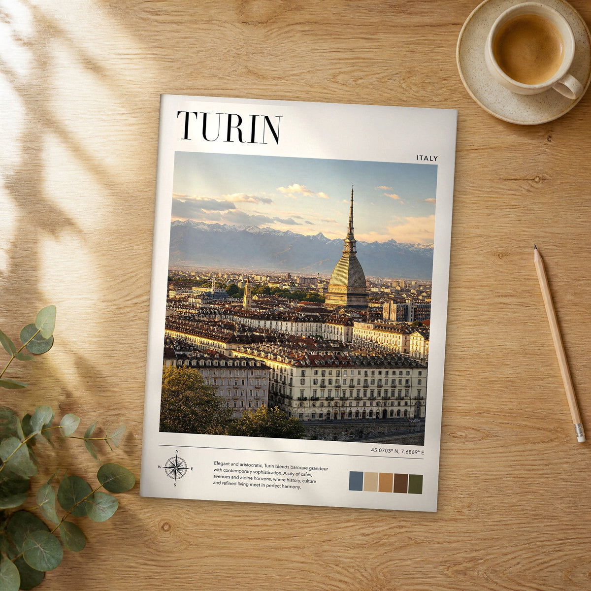 Unframed Turin modern photography travel poster on a wooden table