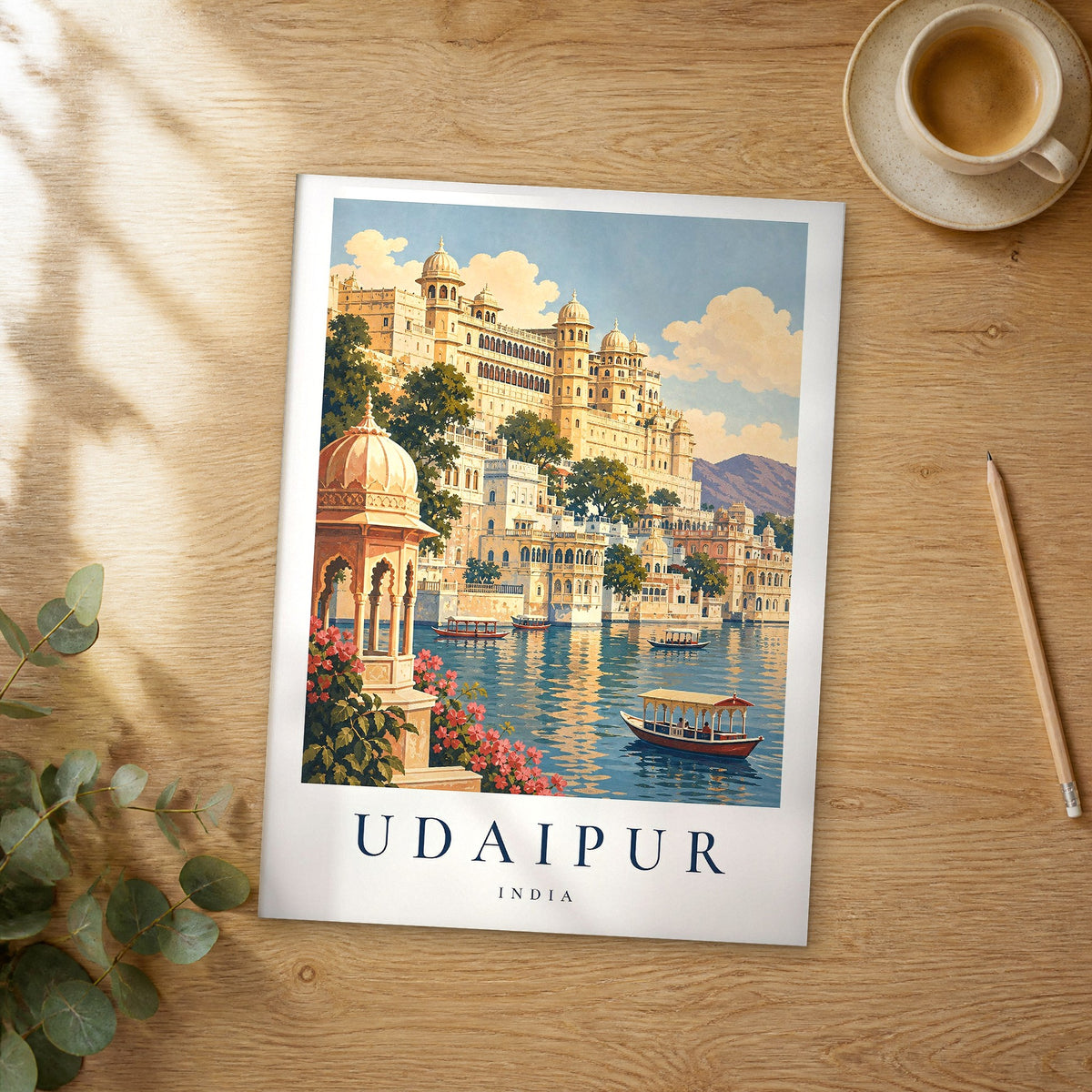 Unframed Udaipur vintage travel poster on a wooden table