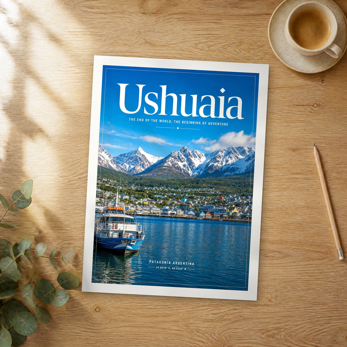 Unframed Ushuaia Harbour and Martial Mountains editorial travel poster on a wooden table