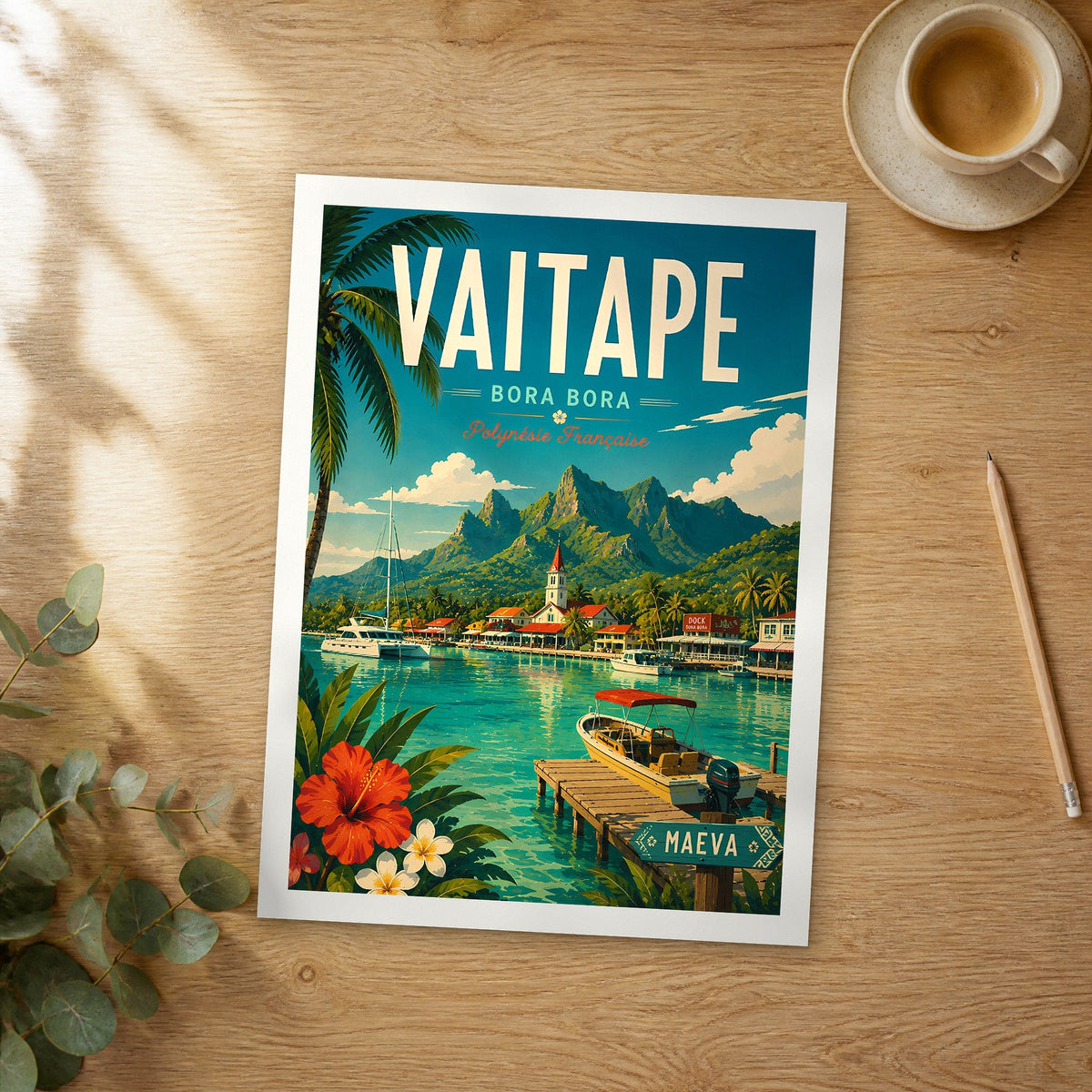 Unframed Vaitape retro travel poster on a wooden table