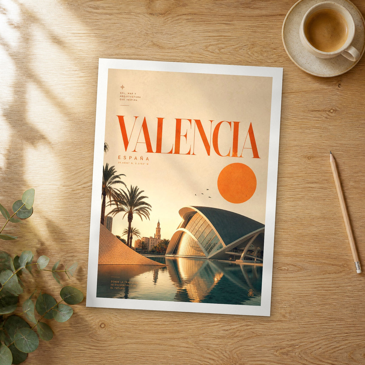 Unframed Valencia bold typography travel poster on a wooden table