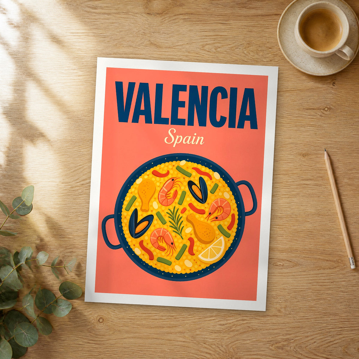 Unframed Valencia pop art travel poster on a wooden table