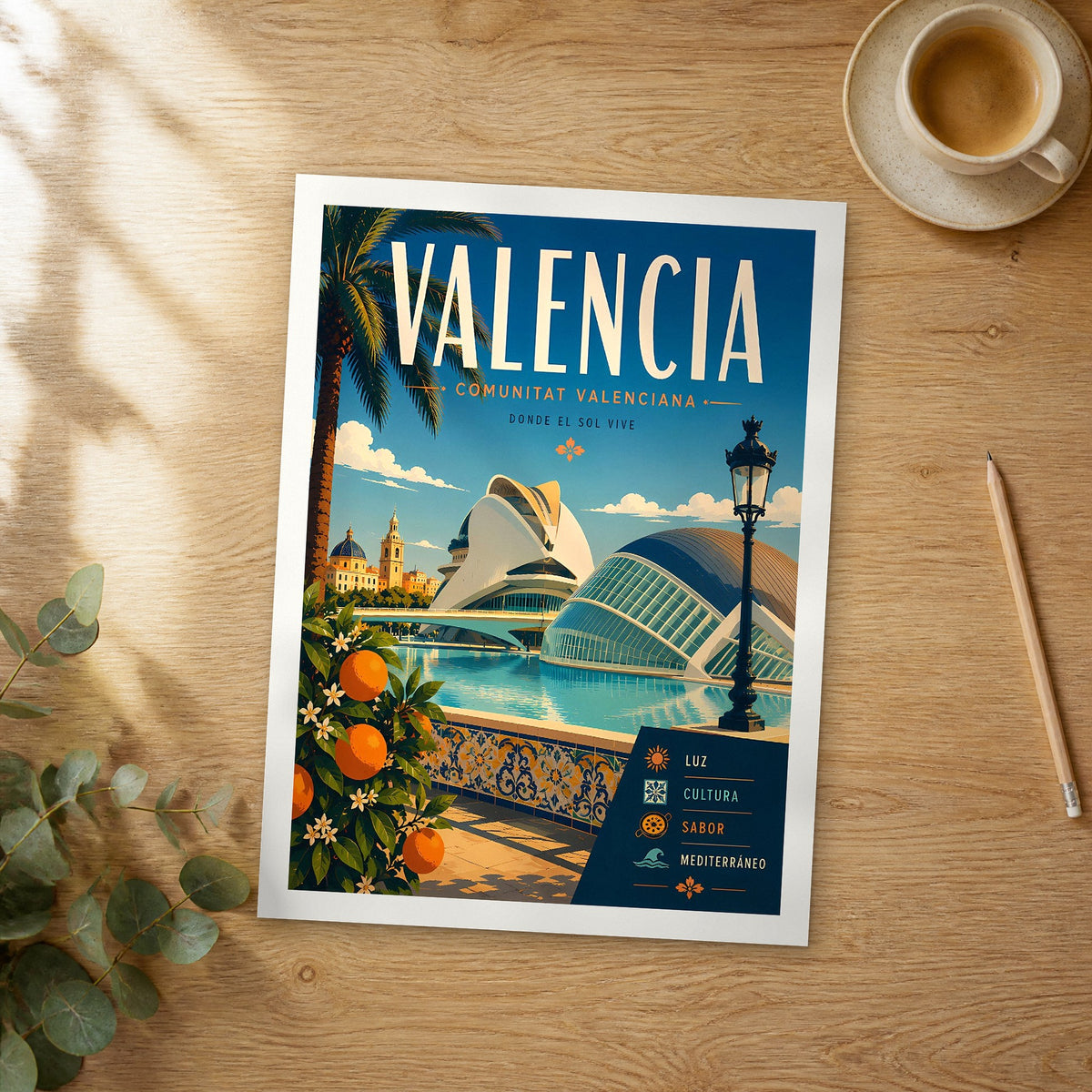 Unframed Valencia retro travel poster on a wooden table
