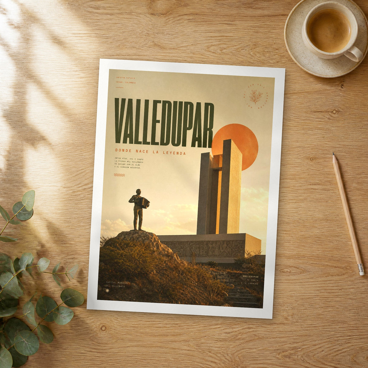 Unframed Valledupar bold typography travel poster on a wooden table