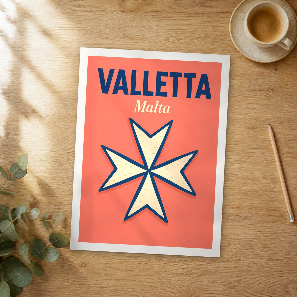 Unframed Valletta pop art travel poster on a wooden table