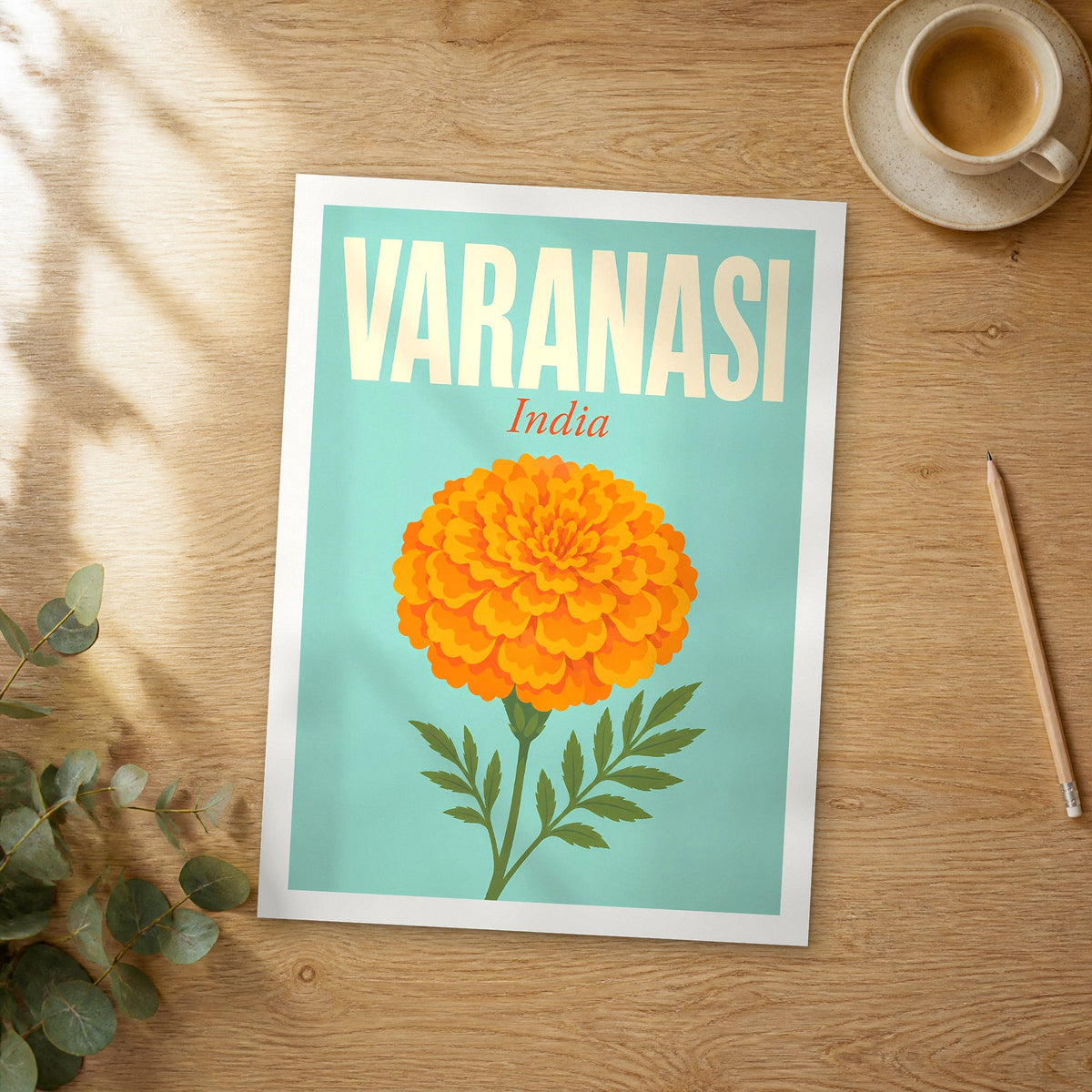 Unframed Varanasi pop art travel poster on a wooden table