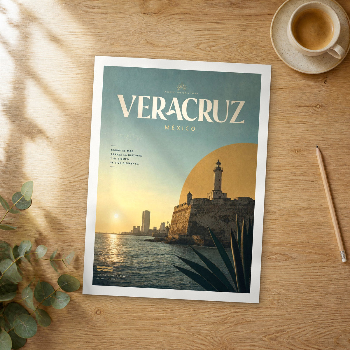 Unframed Veracruz bold typography travel poster on a wooden table