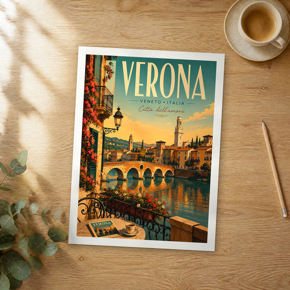 Unframed Verona retro travel poster on a wooden table
