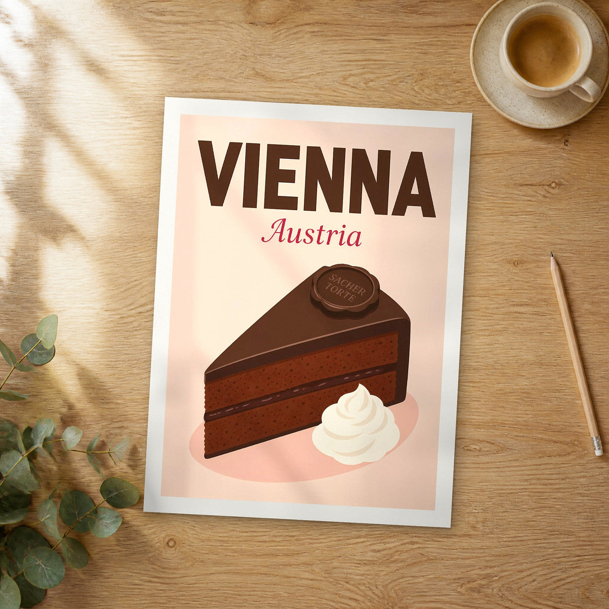 Unframed Vienna pop art travel poster on a wooden table
