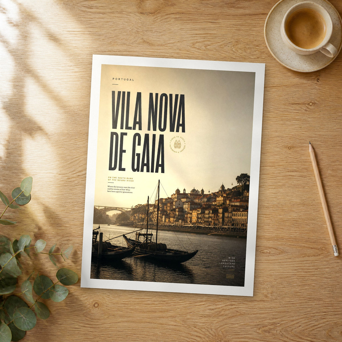 Unframed Vila Nova de Gaia bold typography travel poster on a wooden table