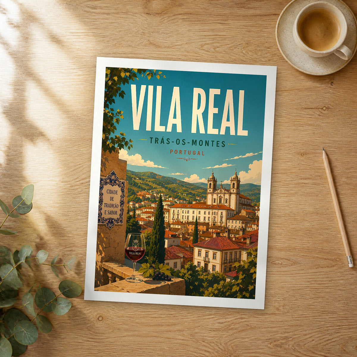 Unframed Vila Real retro travel poster on a wooden table