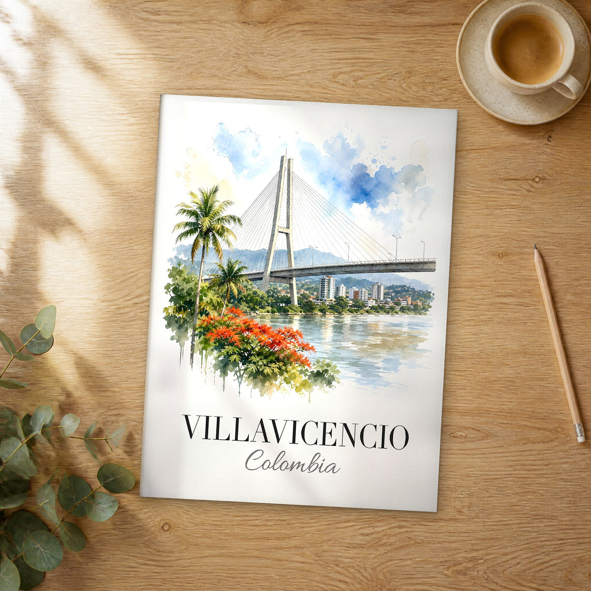 Unframed Villavicencio Cable-Stayed Bridge watercolor travel poster on a wooden table