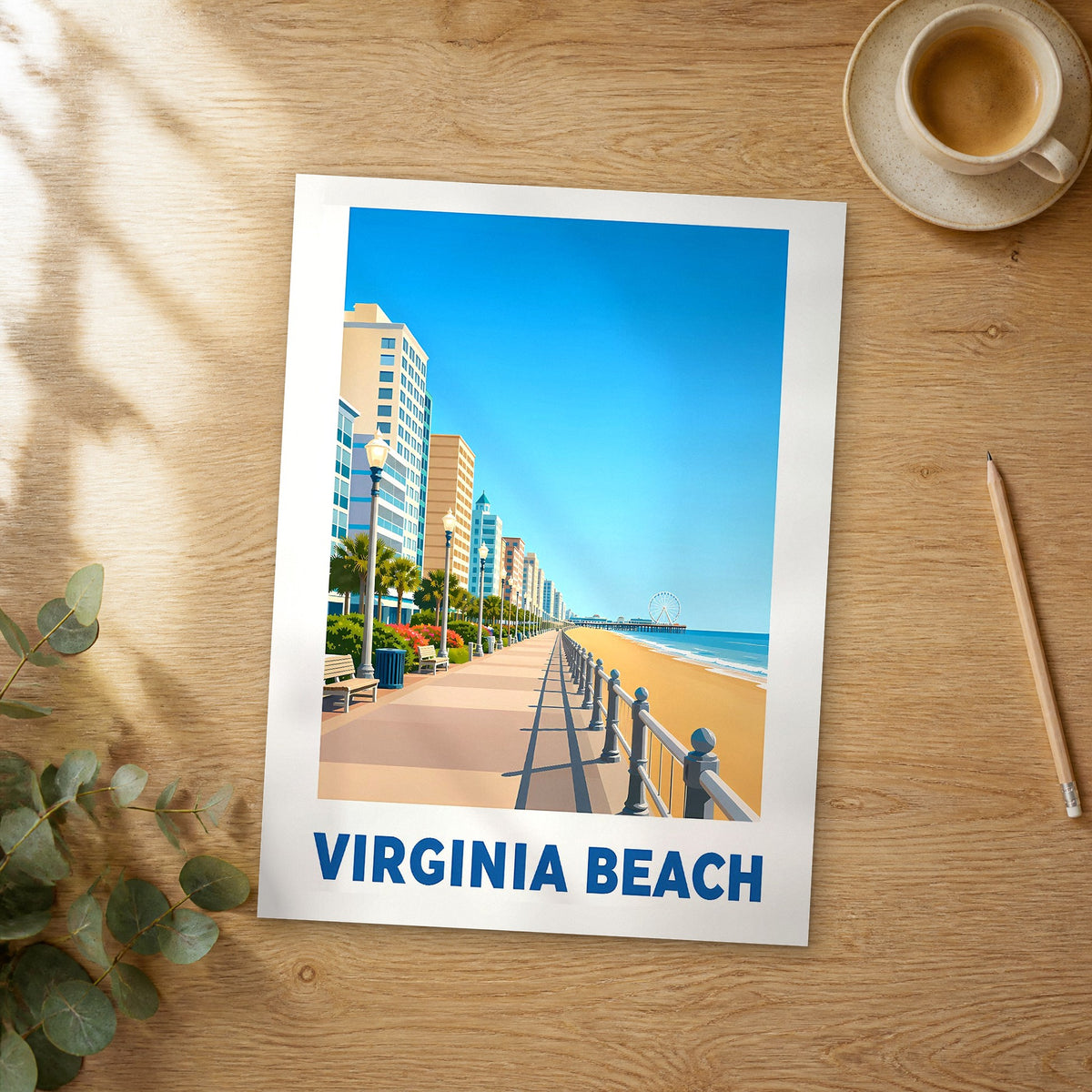 Unframed Virginia Beach modern digital travel poster on a wooden table