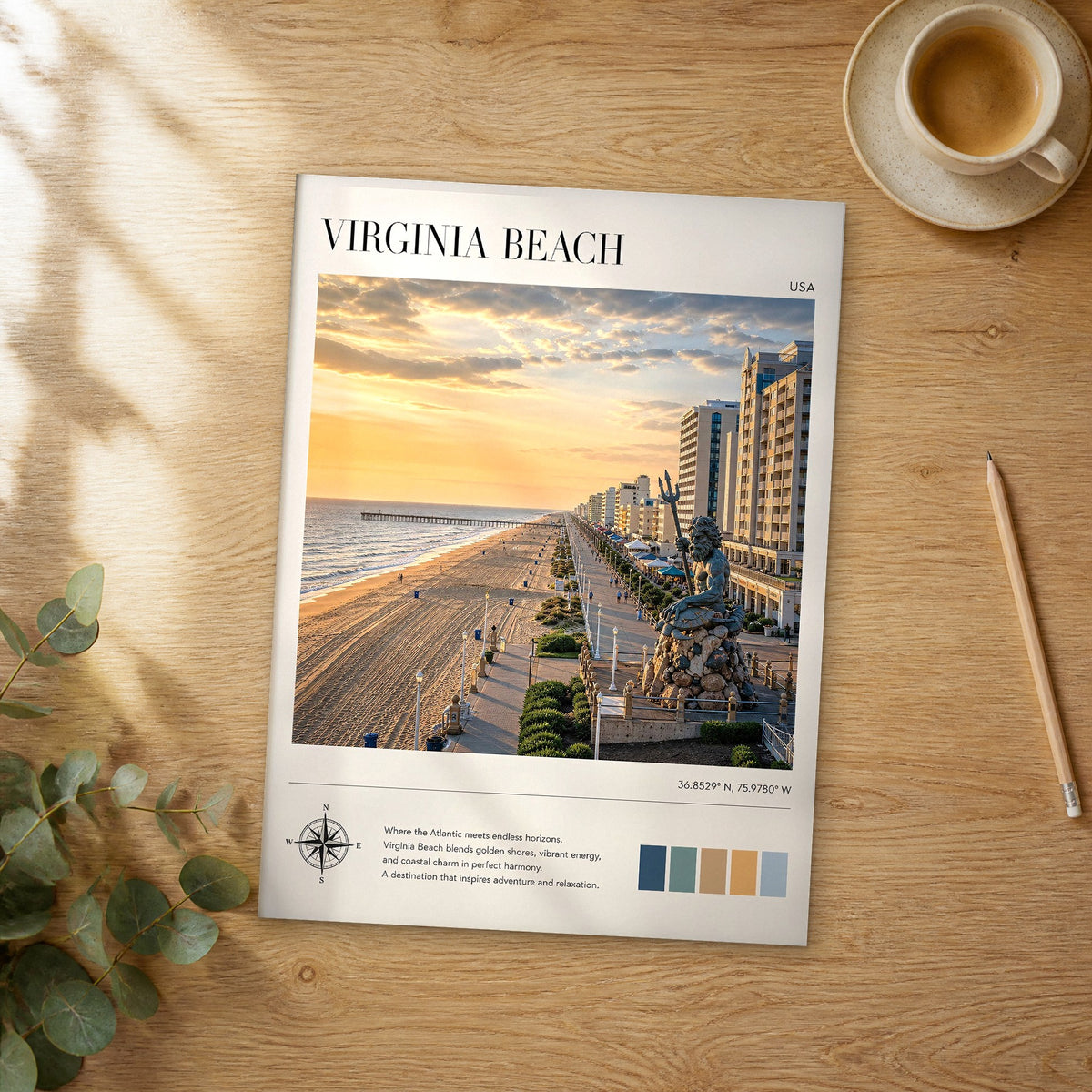 Unframed Virginia Beach modern photography travel poster on a wooden table