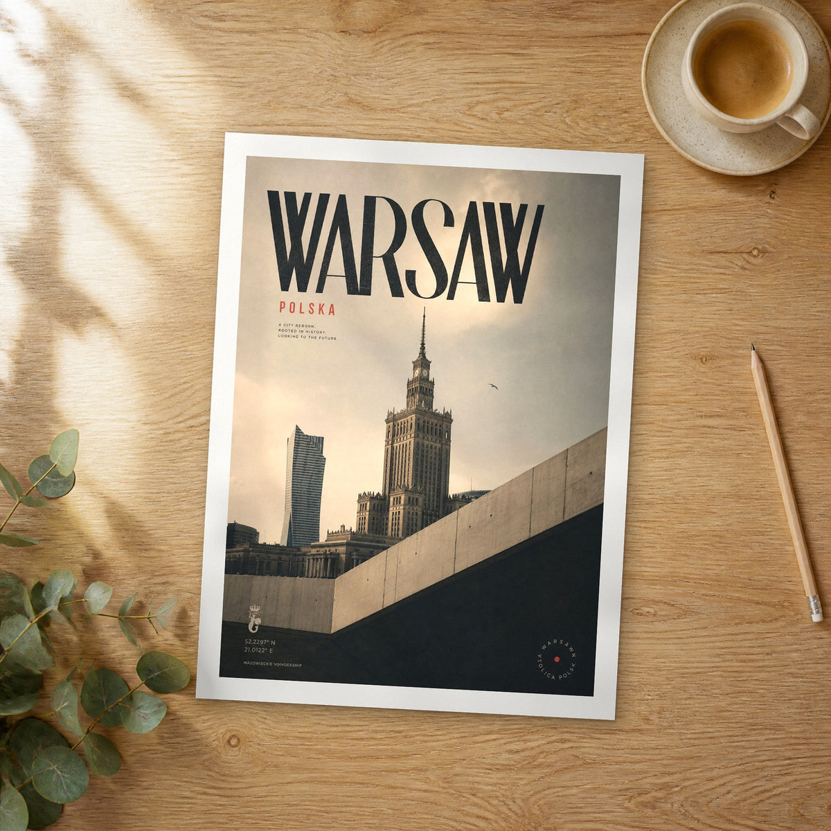 Unframed Warsaw Palace of Culture bold typography travel poster on a wooden table