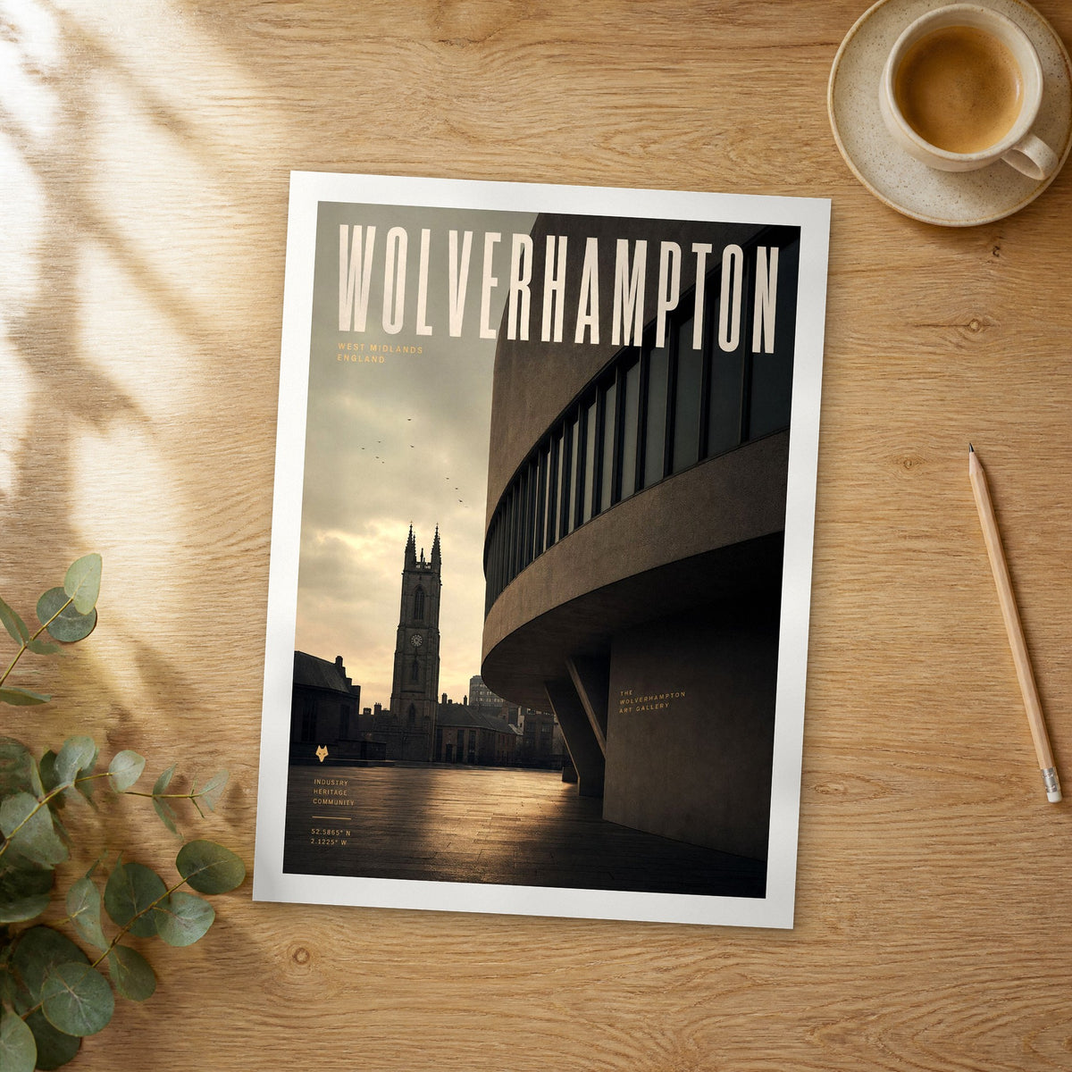Unframed Wolverhampton bold typography travel poster on a wooden table