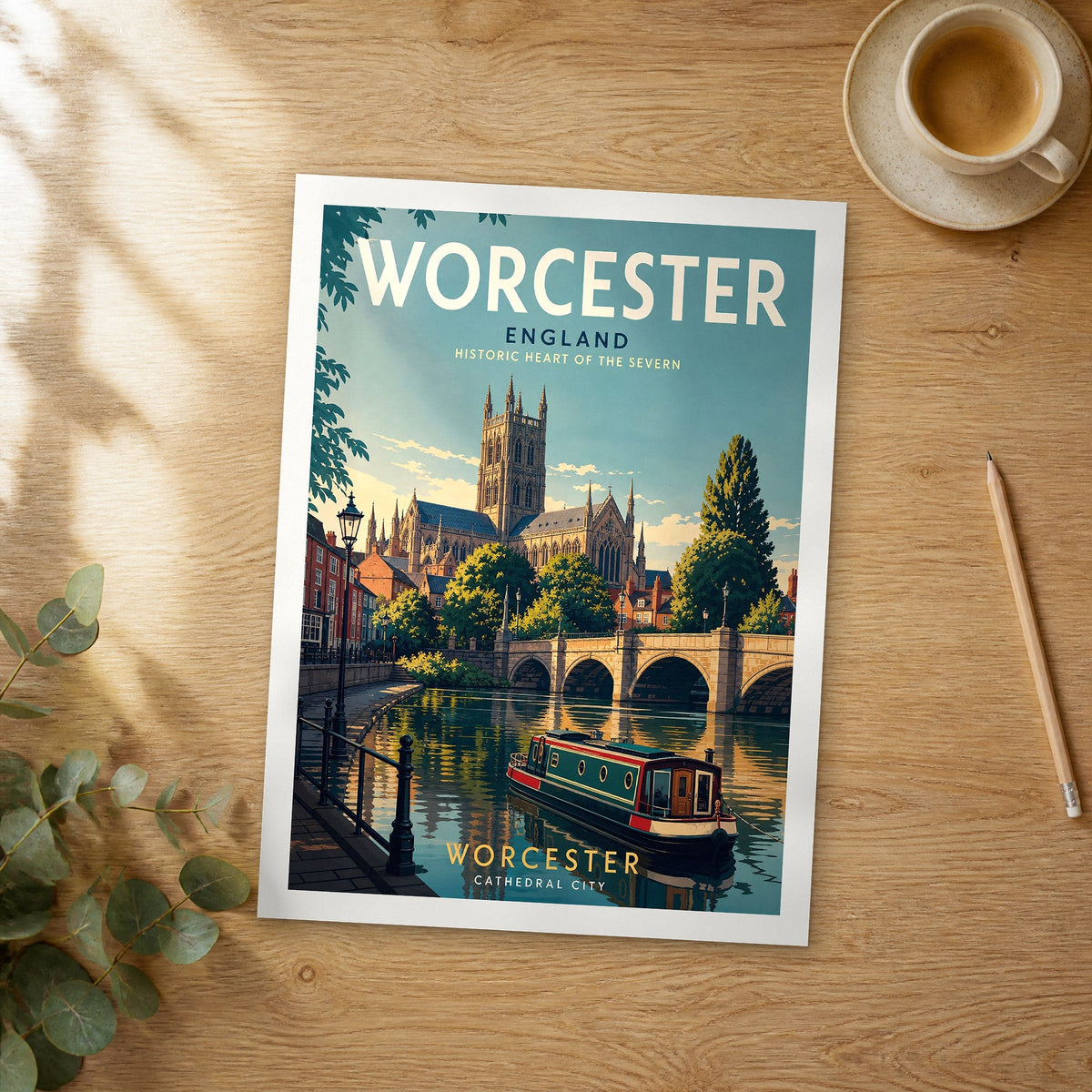Unframed Worcester retro travel poster on a wooden table