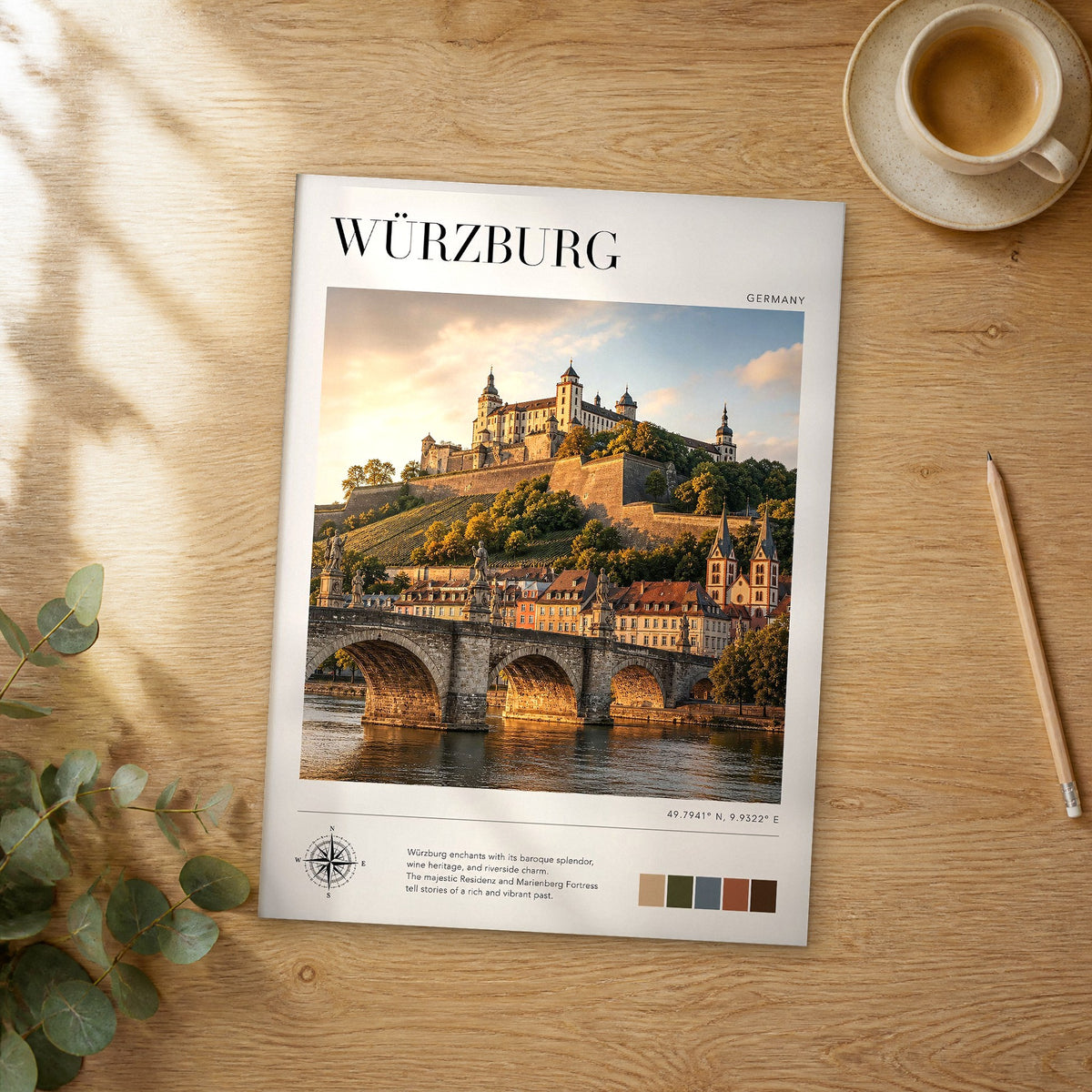 Unframed Würzburg modern photography travel poster on a wooden table
