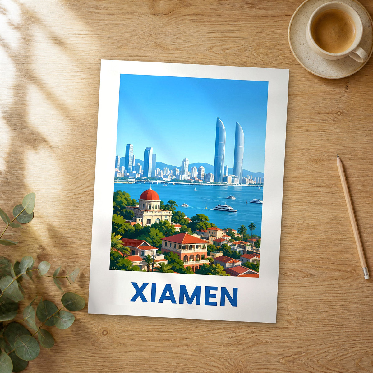 Unframed Xiamen modern digital travel poster on a wooden table