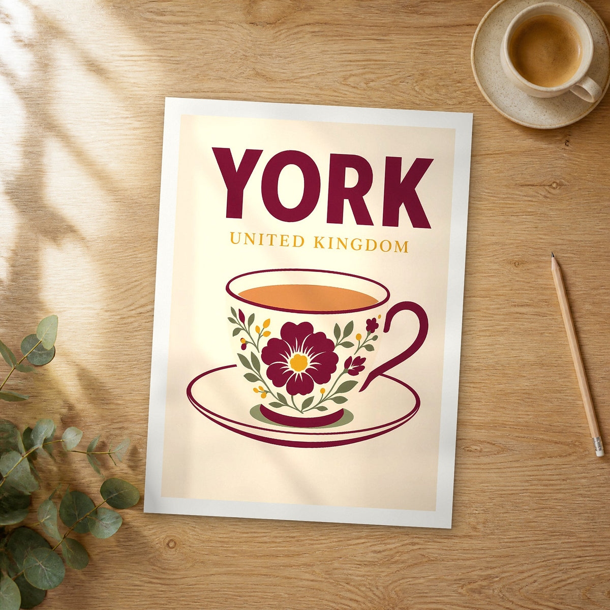 Unframed York pop art travel poster on a wooden table