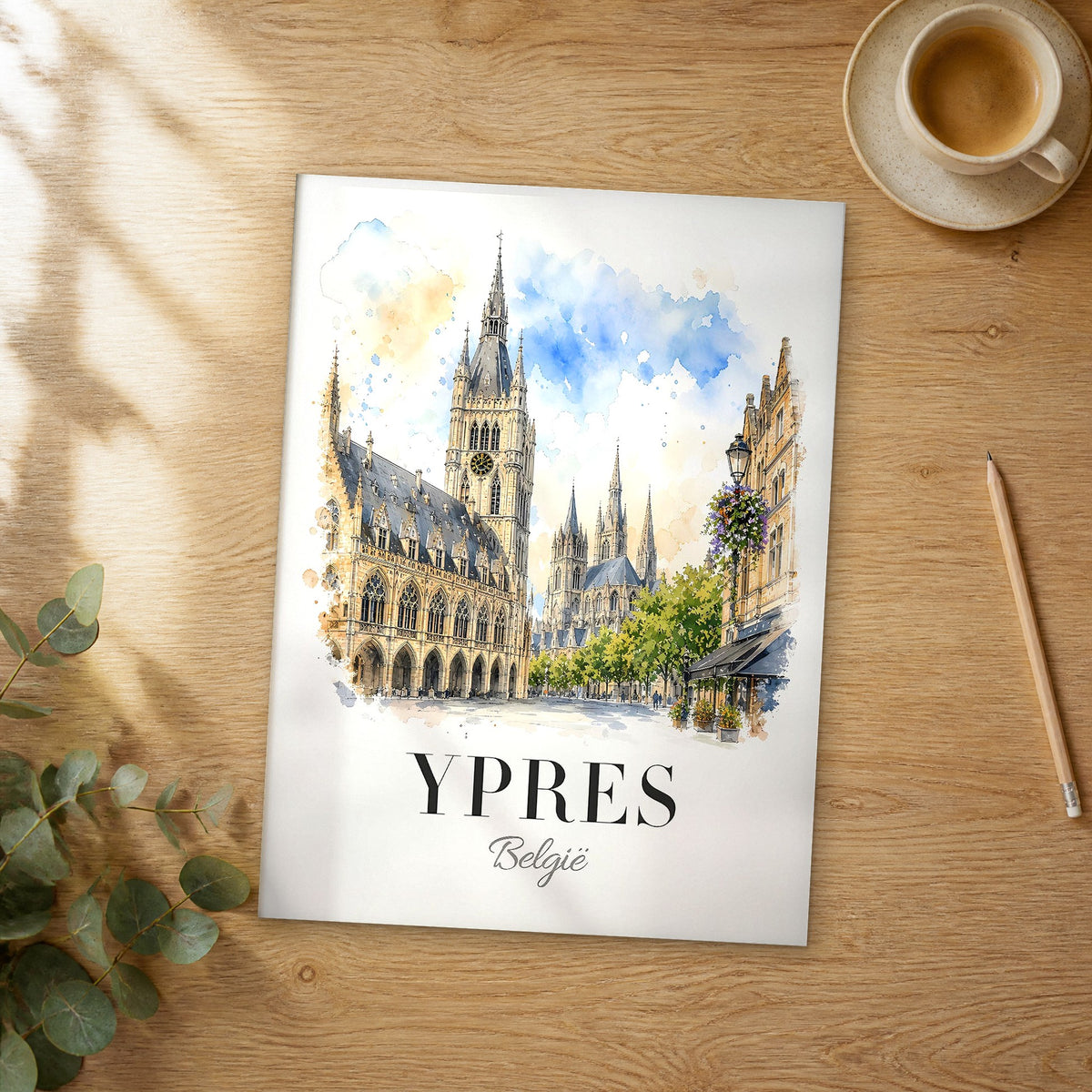 Unframed Ypres watercolor travel poster on a wooden table