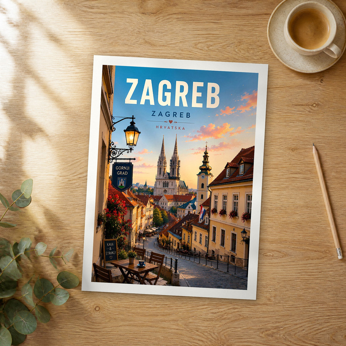 Unframed Zagreb retro travel poster on a wooden table