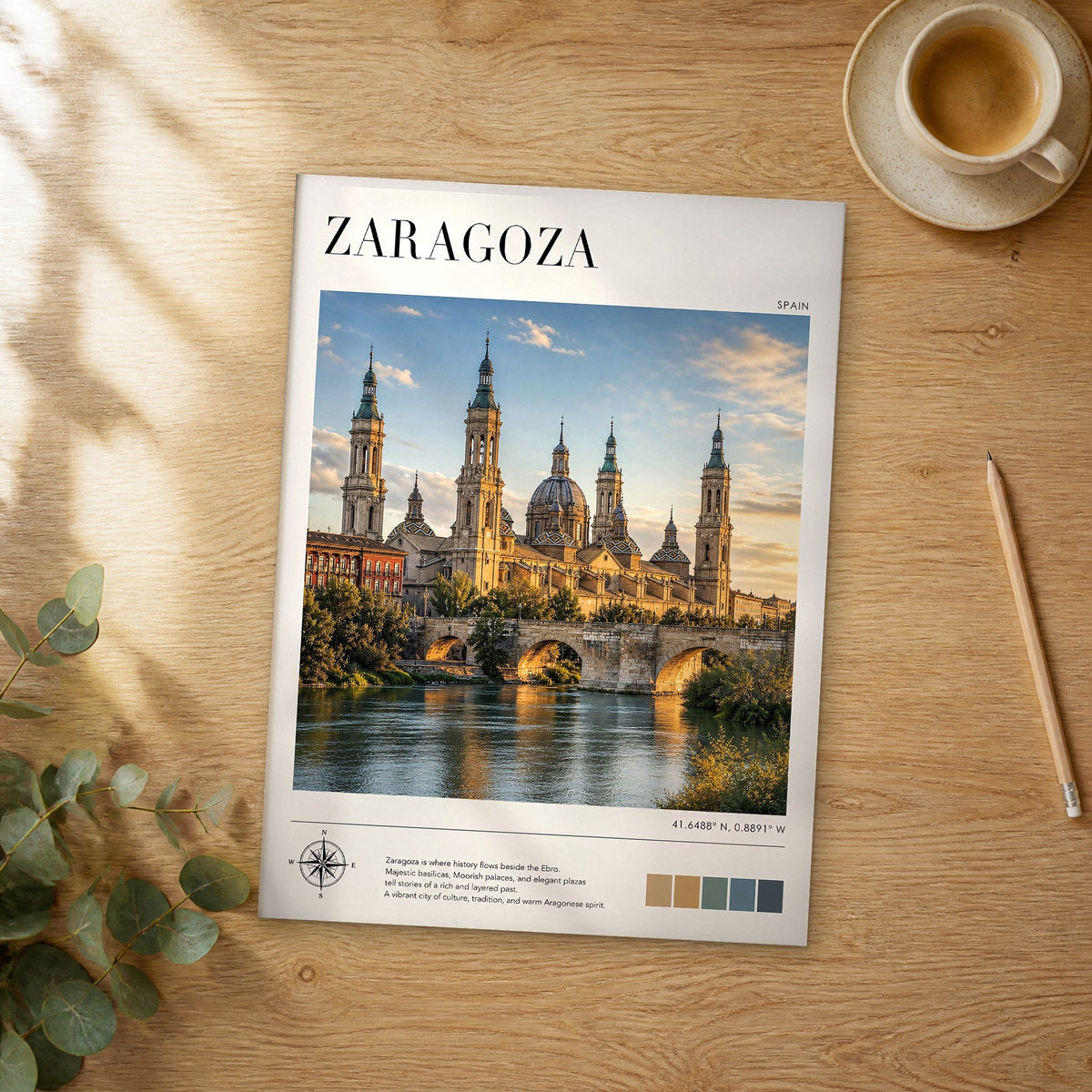 Unframed Zaragoza modern photography travel poster on a wooden table