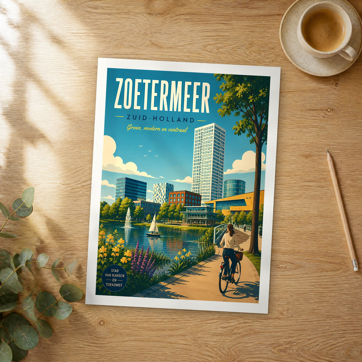 Unframed Zoetermeer retro travel poster on a wooden table