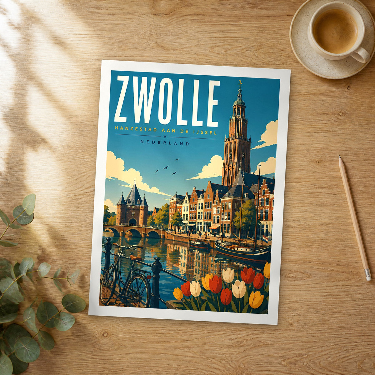 Unframed Zwolle retro travel poster on a wooden table