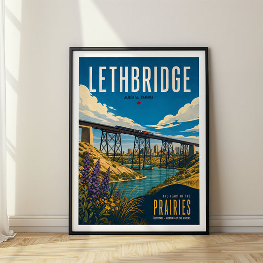 Lethbridge retro travel poster in a black frame