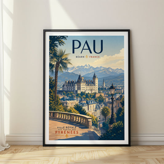Pau retro travel poster in a black frame