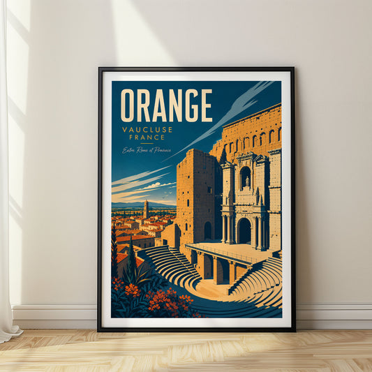 Orange retro travel poster in a black frame